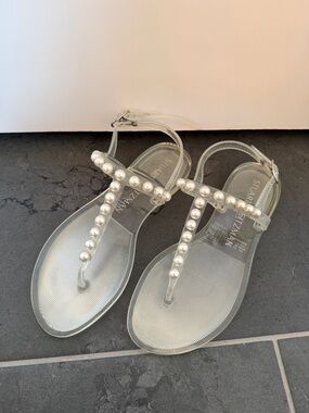 Stuart Weitzman Pearl-Embellished Clear T-Strap Sandals - Silver/Pearl